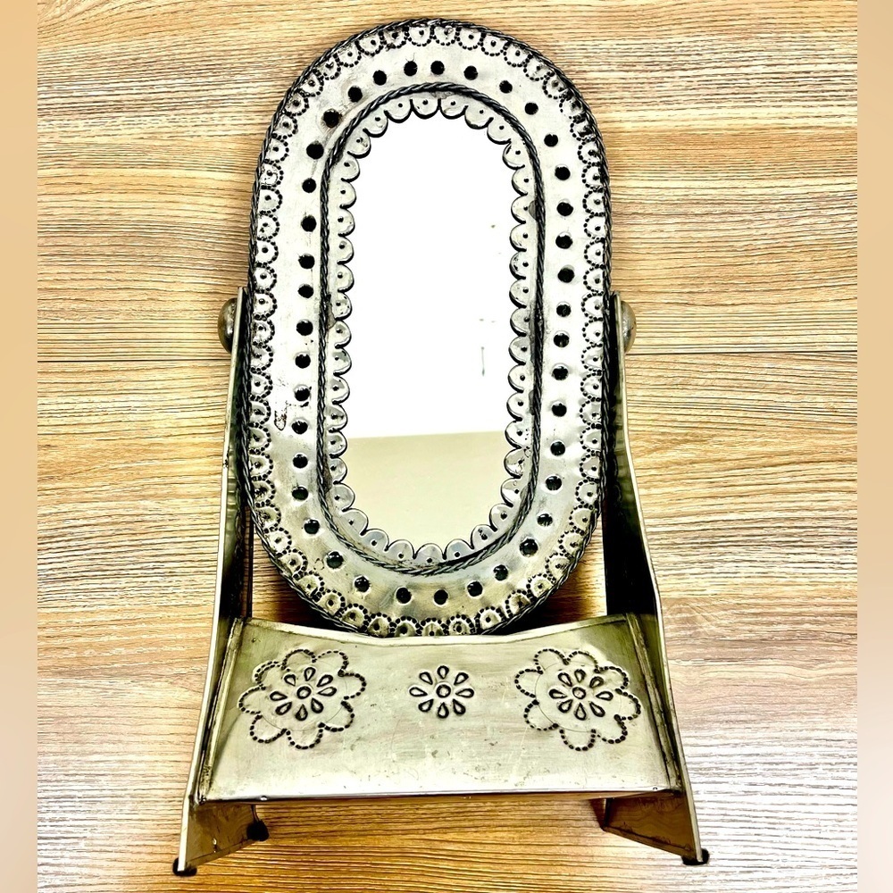 Vintage Mexican Punched Tin Vanity Mirror w/ Stand, Old Folk Art Southwestern